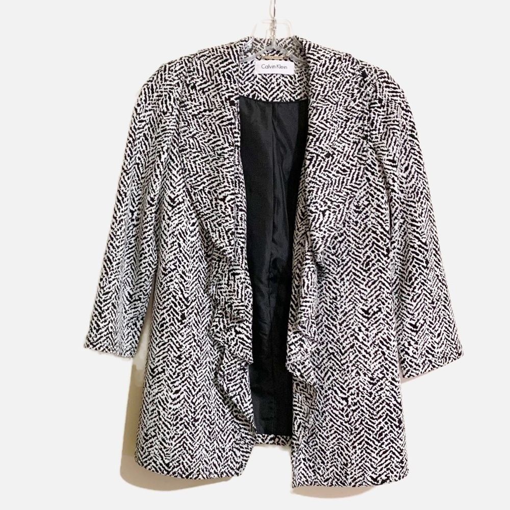 Calvin Klein Intarsia Knit Open Ruffled Open Front Cardigan. Black print size 4P